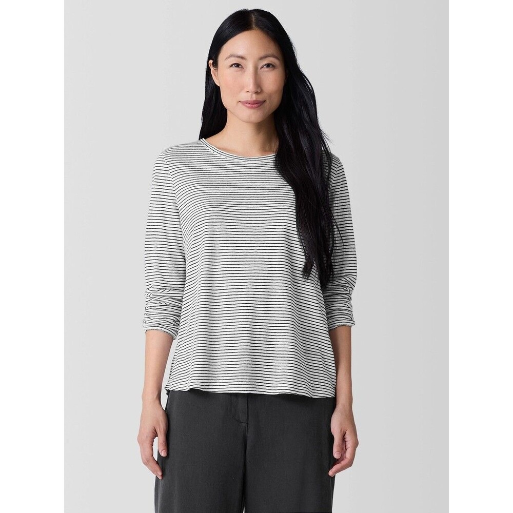 EILEEN FISHER Striped Organic Linen Jersey Long Slv Tee XXS Black White EUC B4